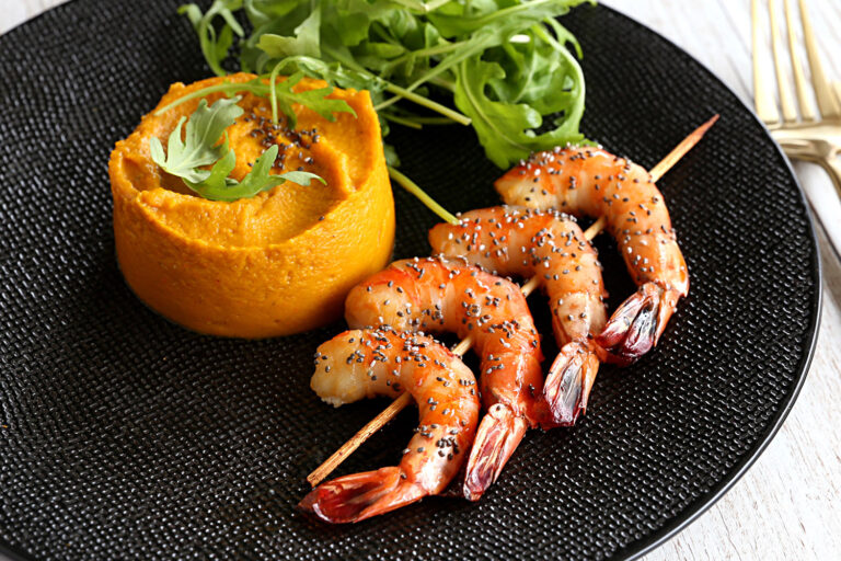 Recette Food4Good - Brochettes de Gambas bio et purée de potimarron aux cèpes
