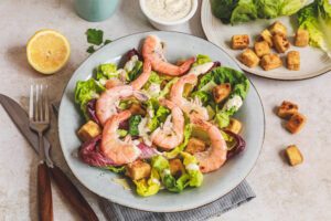 Recette Food4Good - Salade césar aux queues de crevettes bio et tofu croustillant