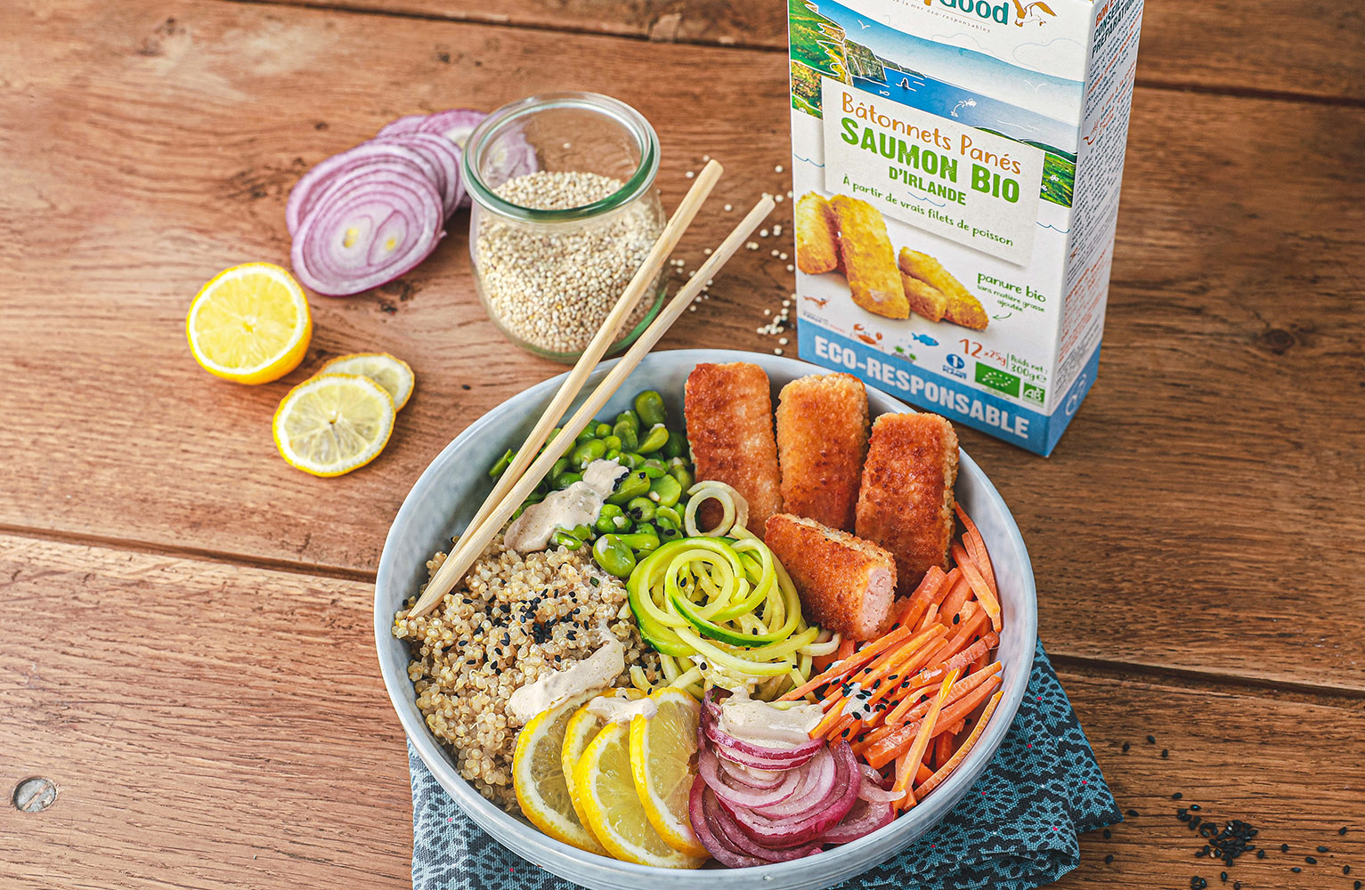 Recette Food4Good - Bowl aux bâtonnets panés de saumon bio