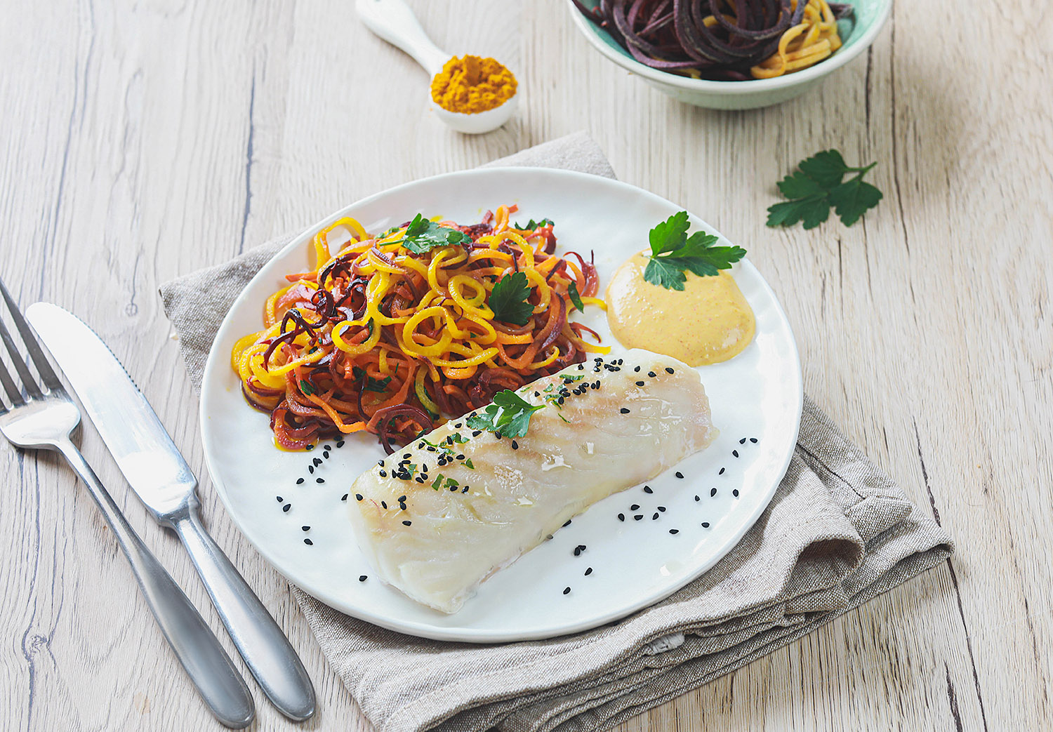 Recette Food4Good - Dos de cabillaud MSC, spirales de légumes et sauce cajou