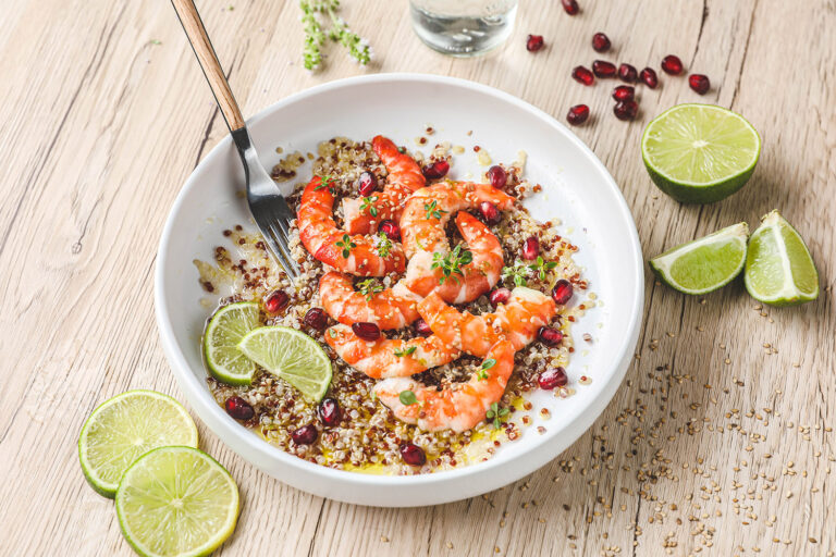 Recette Food4Good - Carpaccio de Gambas bio, citron vert, grenade et quinoa