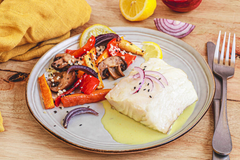 Recette Food4Good - Dos de Lieu Noir MSC, beurre d’agrumes et légumes dorés au four