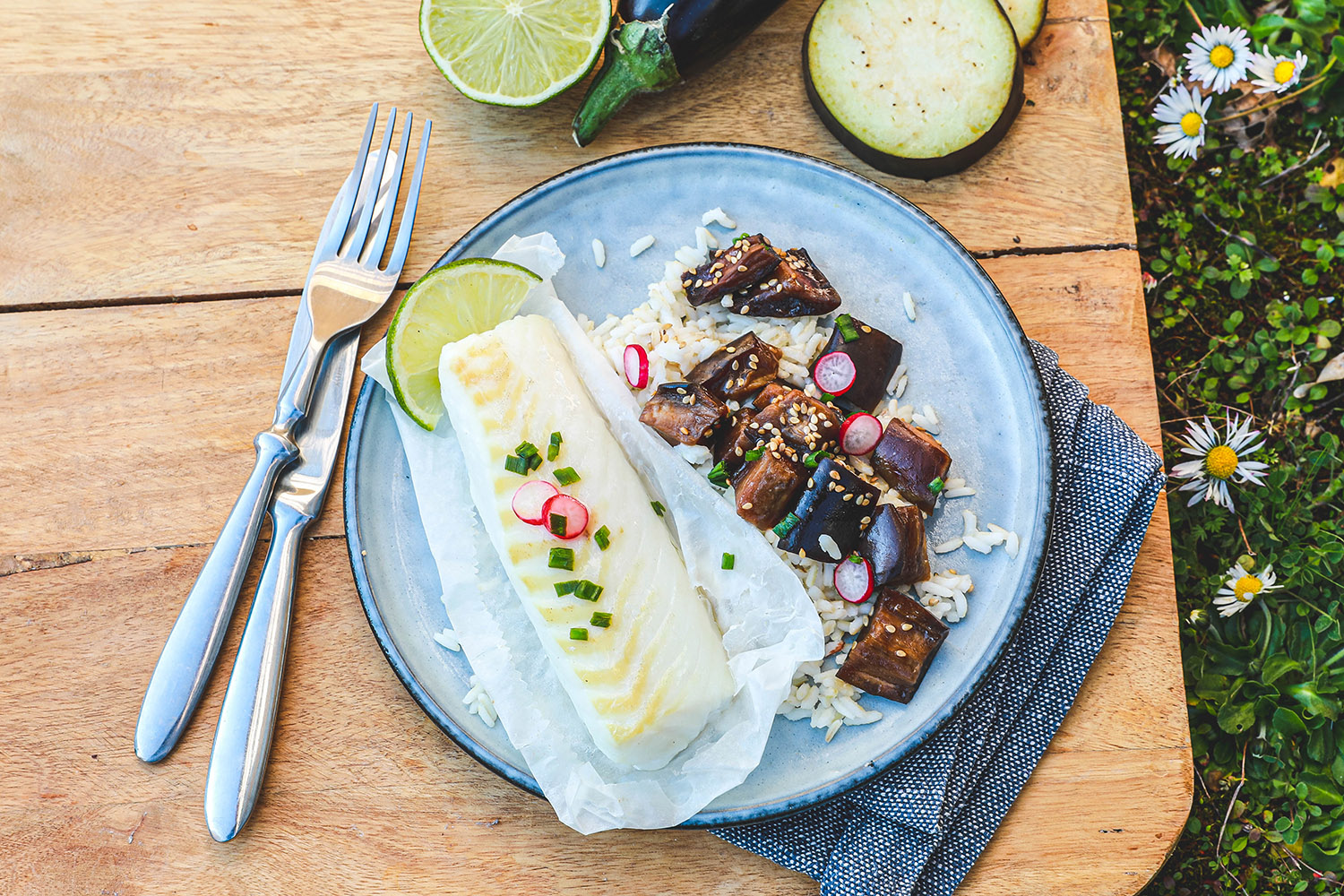 Recette Food4Good - Dos de Cabillaud MSC en papillote, riz aux aubergines