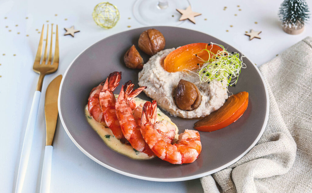 Recette Food4Good - Gambas bio flambées au whisky, purée de céleri et châtaignes