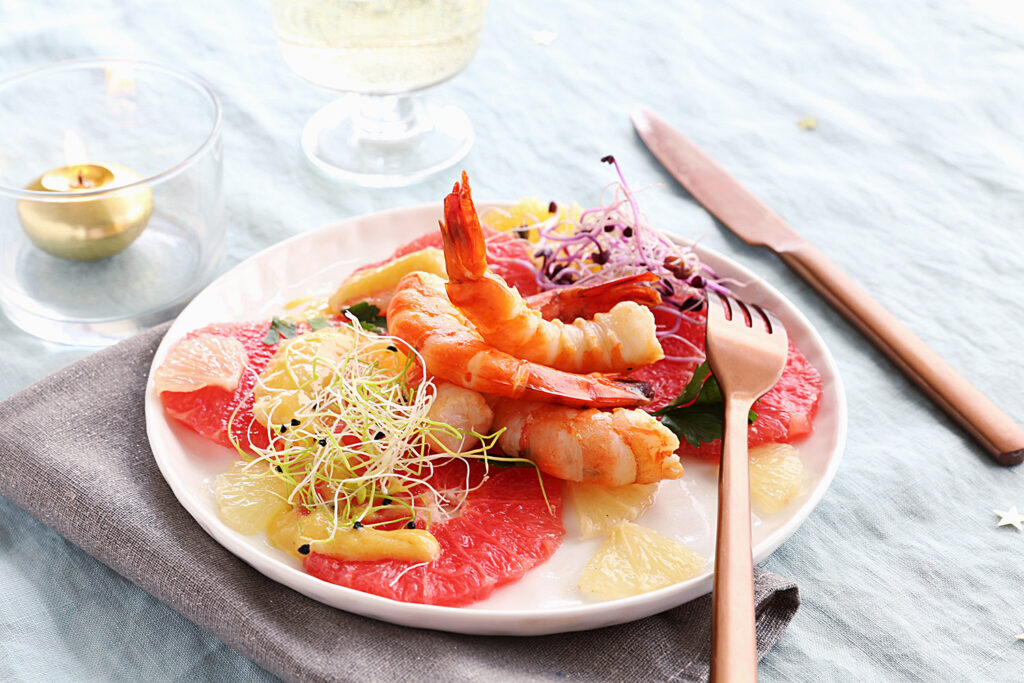 Recette Food4Good - Gambas bio flambées et carpaccio d’agrumes