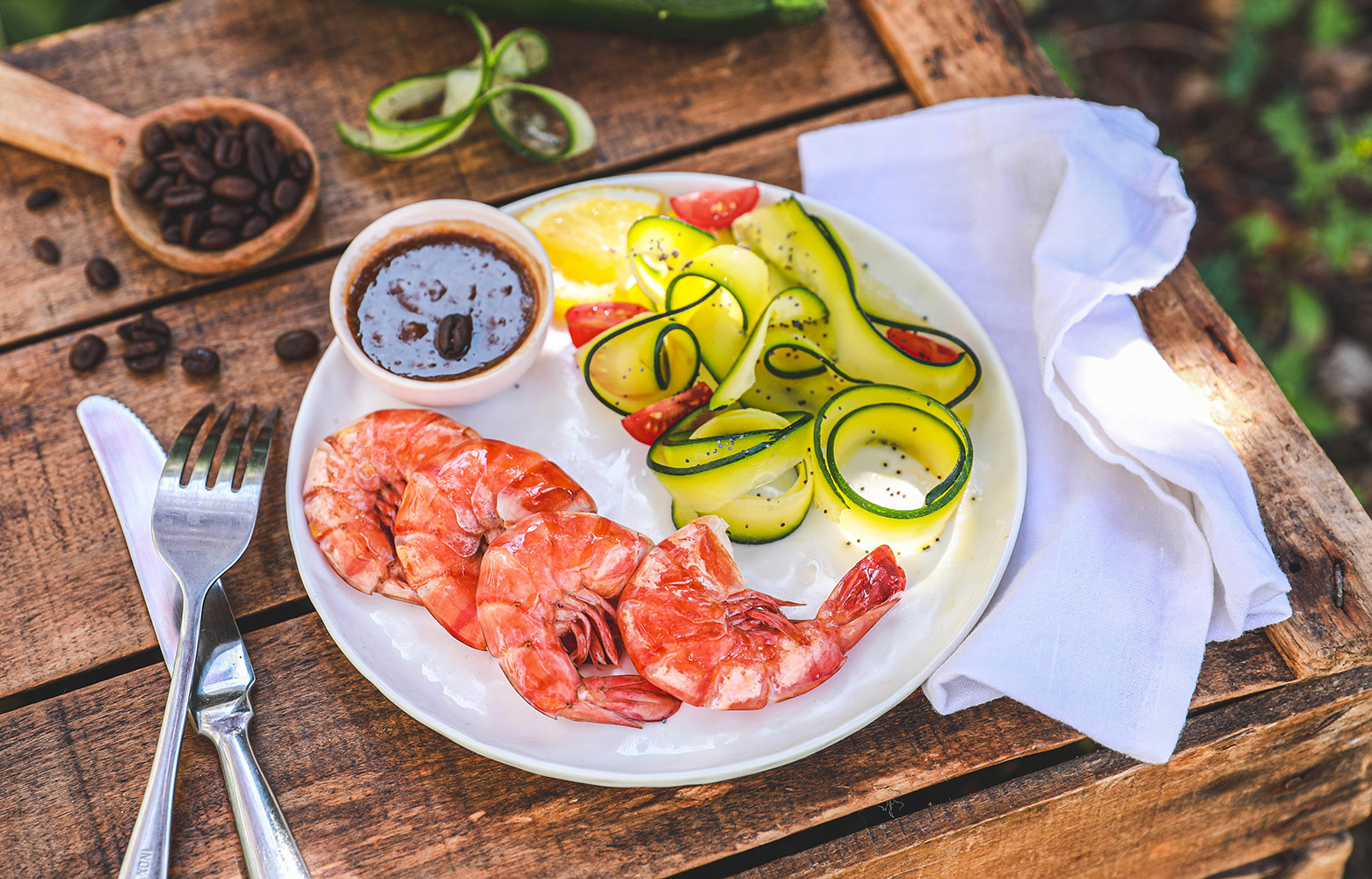 Recette Food4Good - Gambas bio sauce café et miso de riz, tagliatelles de courgette