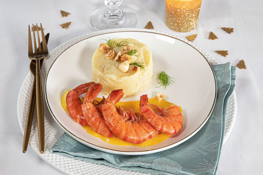 Recette Food4Good - Gambas bio sauce citron et fève tonka, crème de topinambour à l’huile de noisette