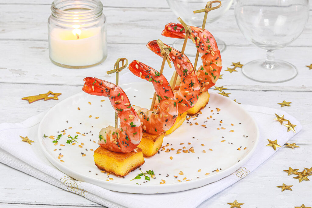 Recette Food4Good - Mini-brochettes de Gambas bio et polenta dorée