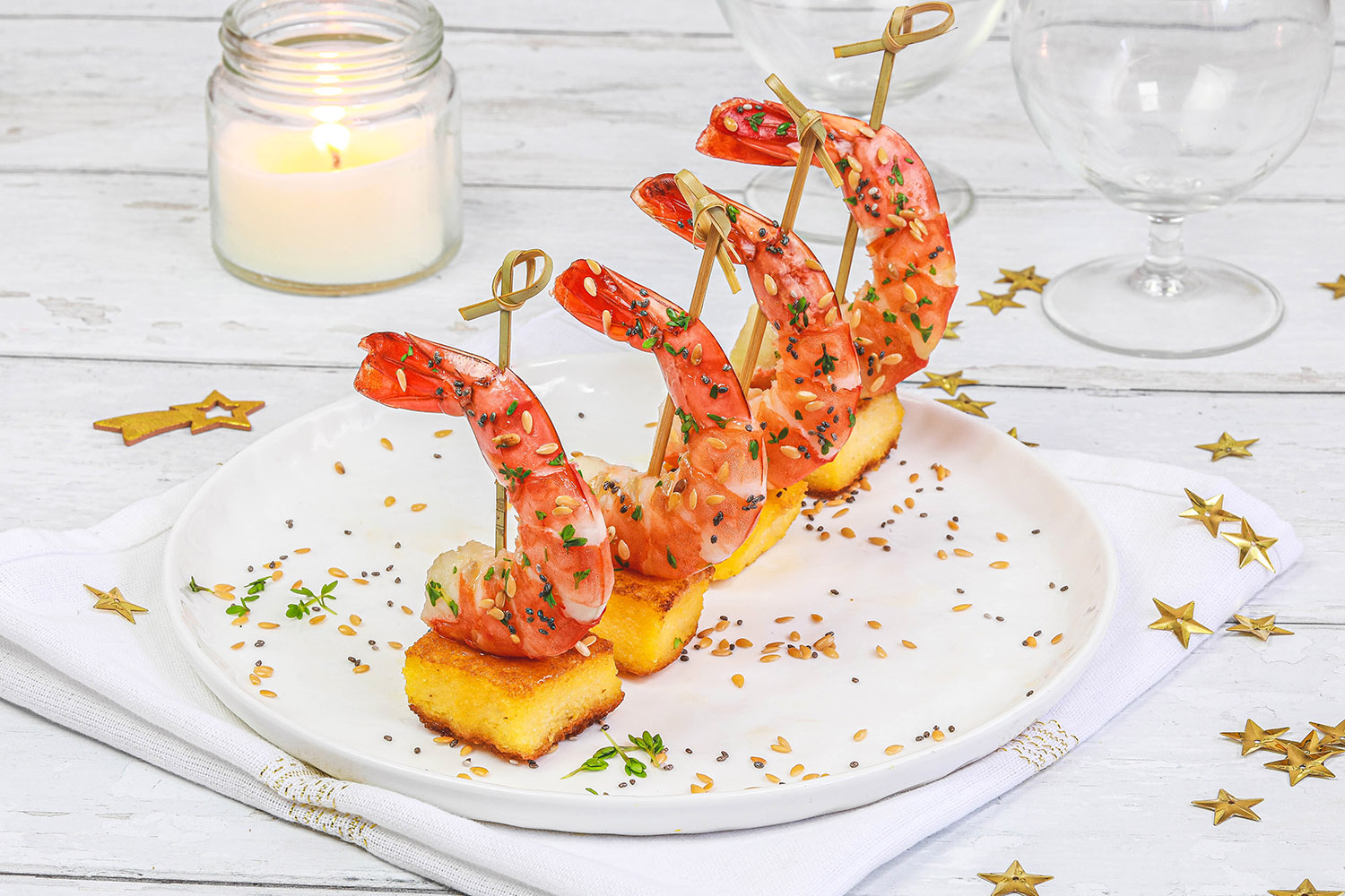 Recette Food4Good - Mini-brochettes de Gambas bio et polenta dorée