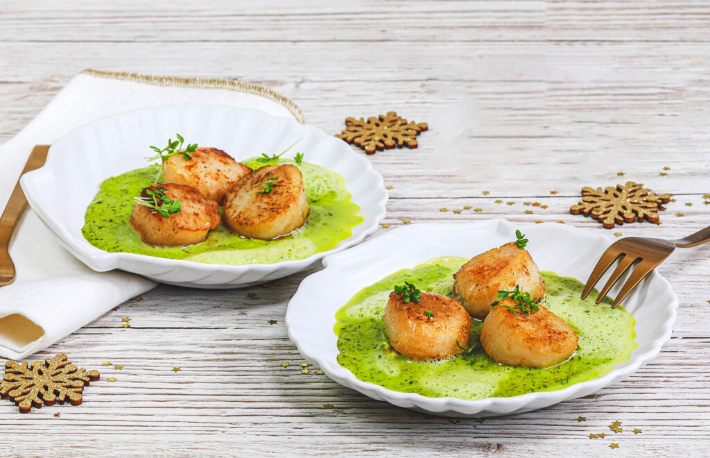 Recette Food4Good - Noix de Saint-Jacques sautées et émulsion de persil