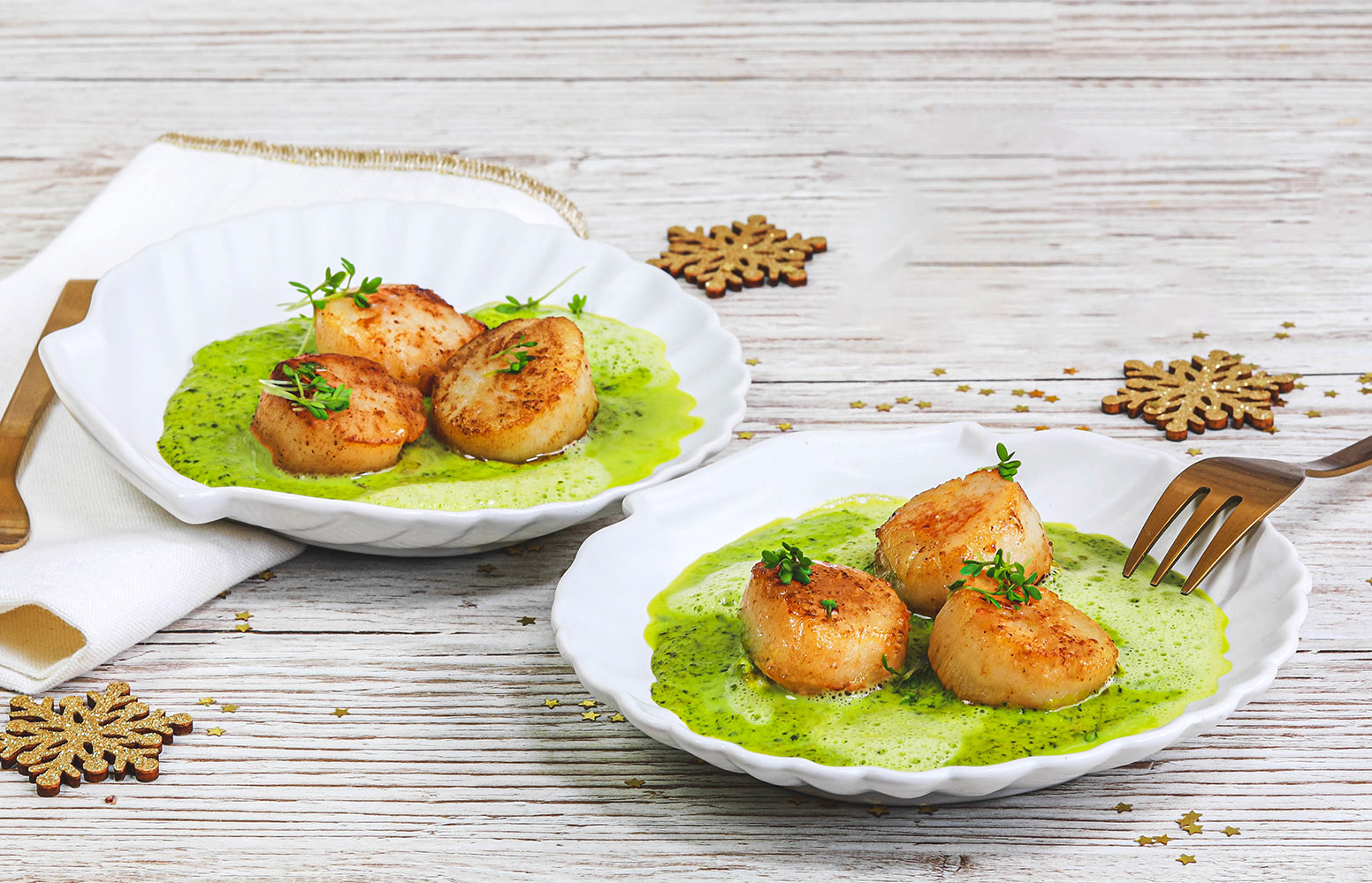 Recette Food4Good - Noix de Saint-Jacques sautées et émulsion de persil