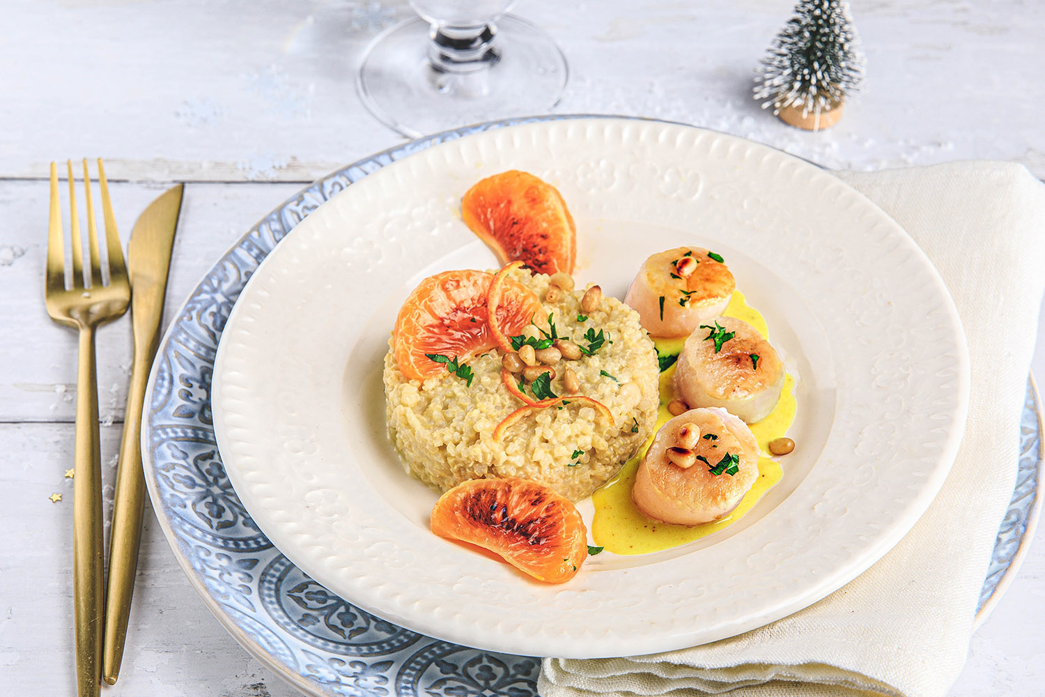 Recette Food4Good - Noix de Saint Jacques MSC, risotto de quinoa et clémentines