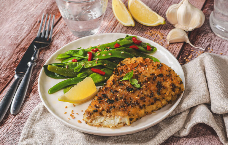 Recette Food4Good - Filets panés aux graines et algue Nori bio, haricots à l’ail