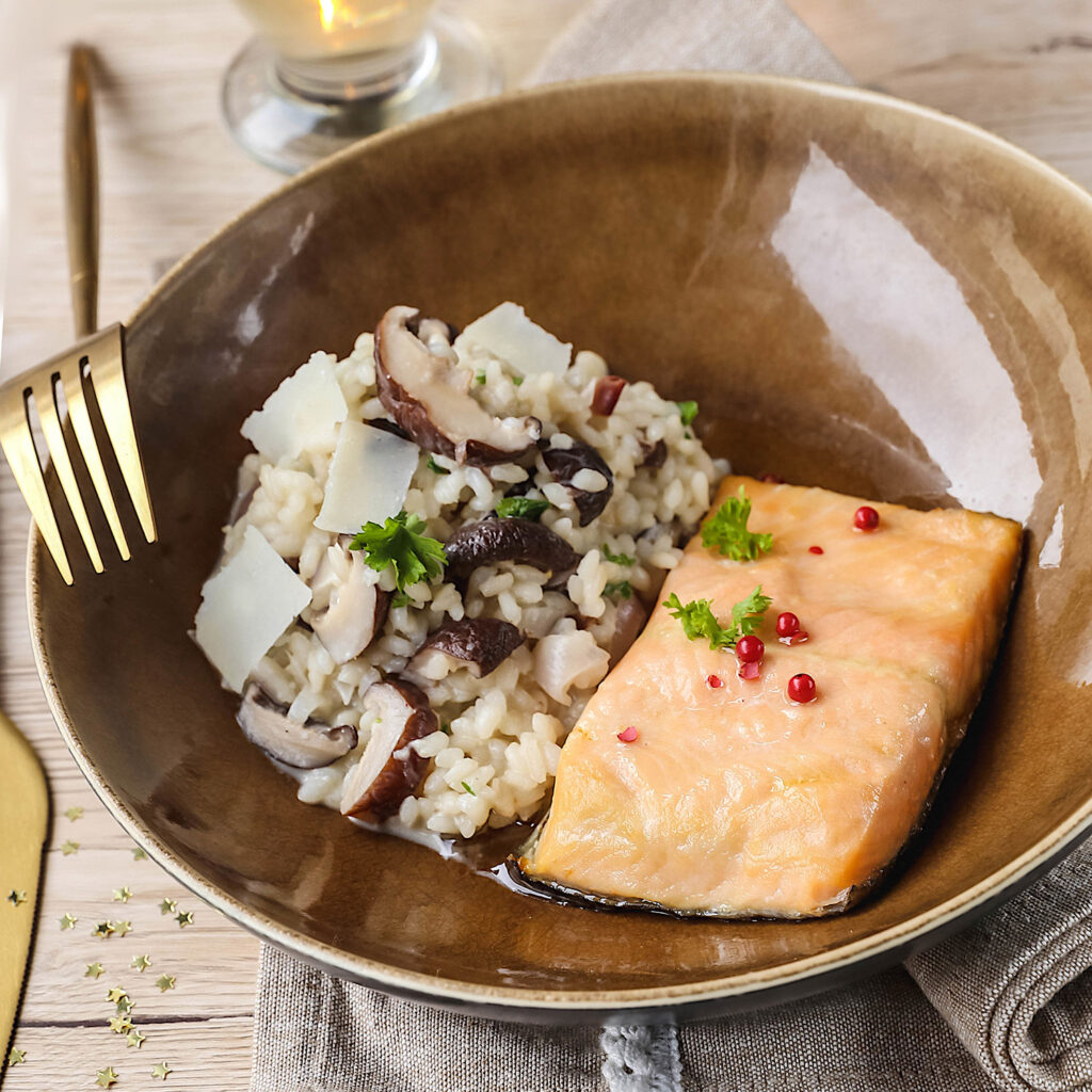 Recette Food4Good - Pavé de Truite bio au four et risotto de shiitakes