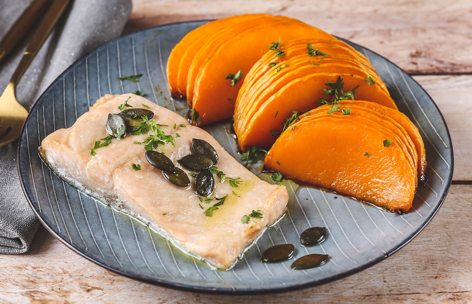 Recette Food4Good - Pavé de Truite bio, butternut caramélisé et graines de courge