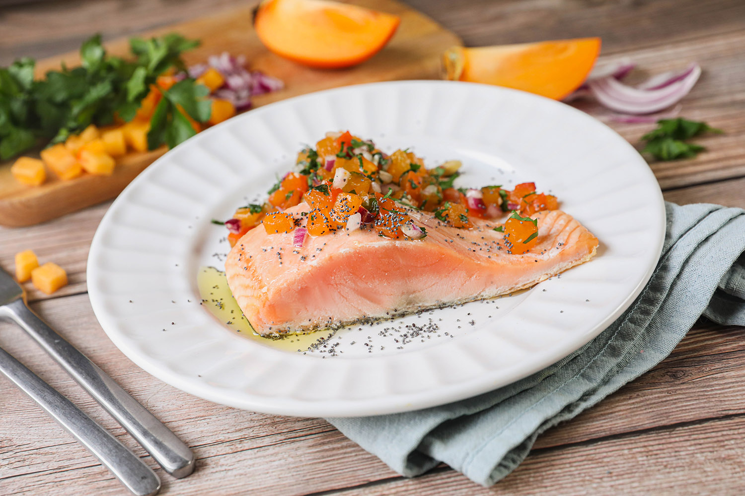 Recette Food4Good - Saumon bio poêlé, salsa de kaki