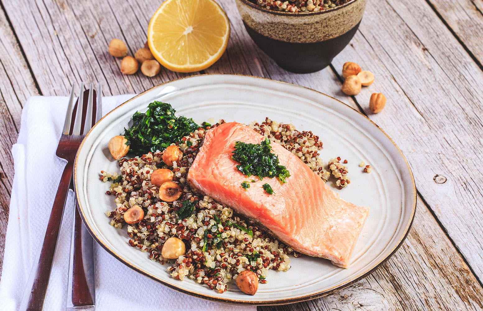 Recette Food4Good - Pavé de Truite bio, gremolata de roquette et quinoa