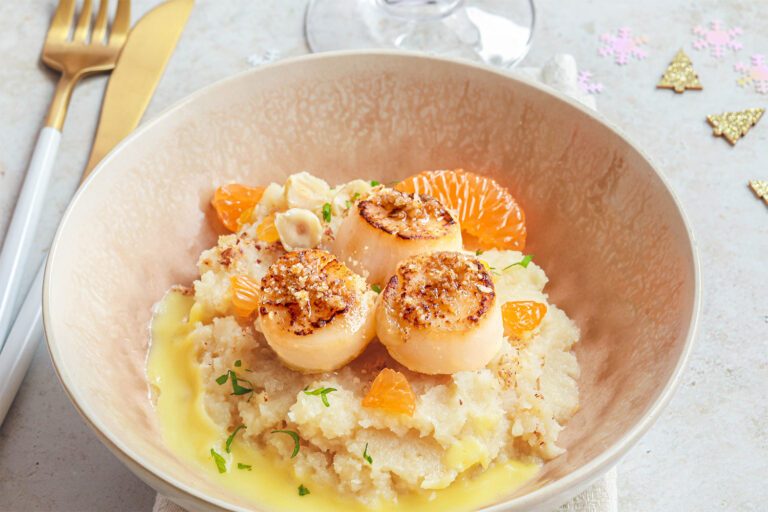 Recette Food4Good - Noix de Saint Jacques, crème de céleri et sauce clémentine