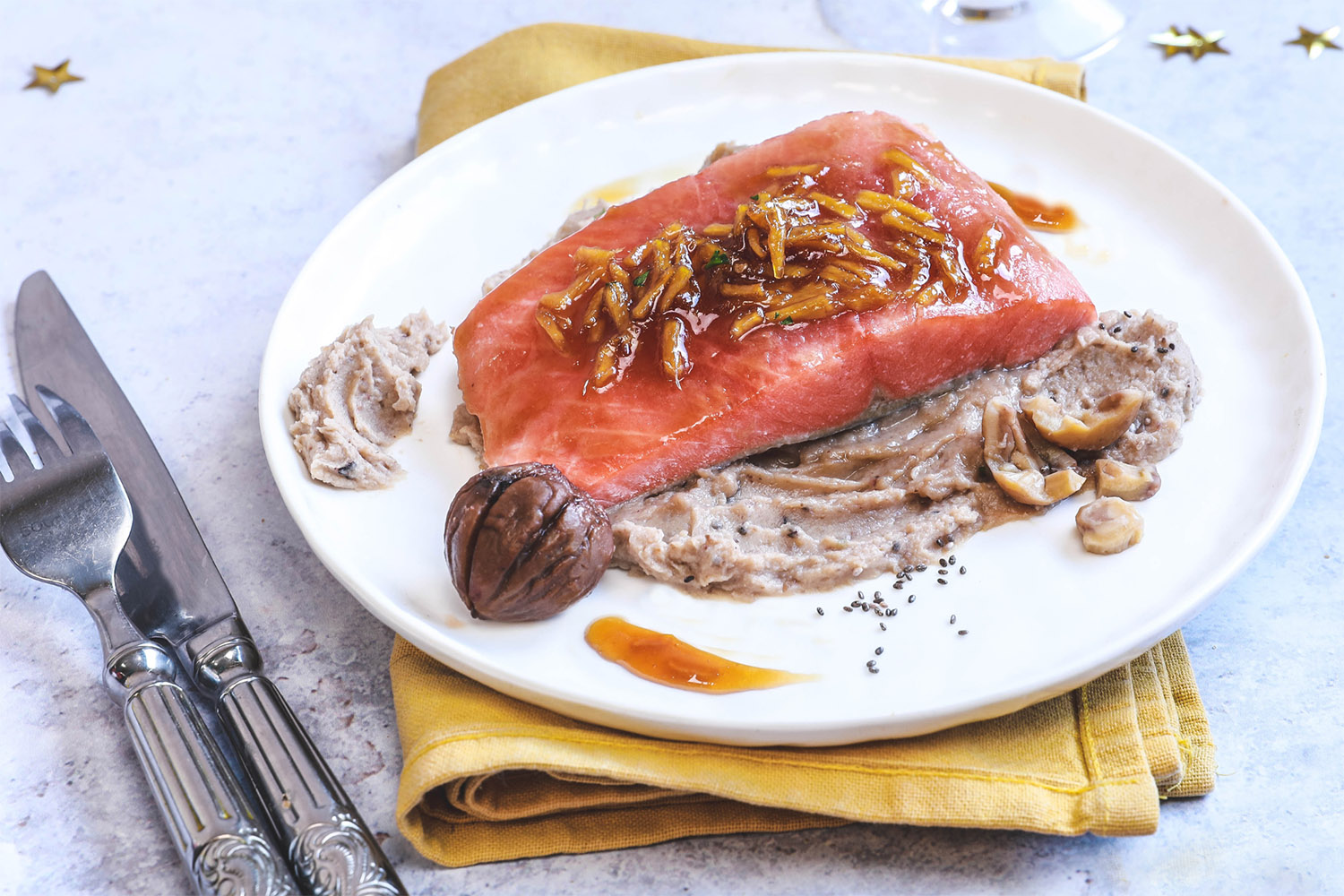 Recette Food4Good - Saumon sauvage laqué au gingembre et purée de châtaignes bio